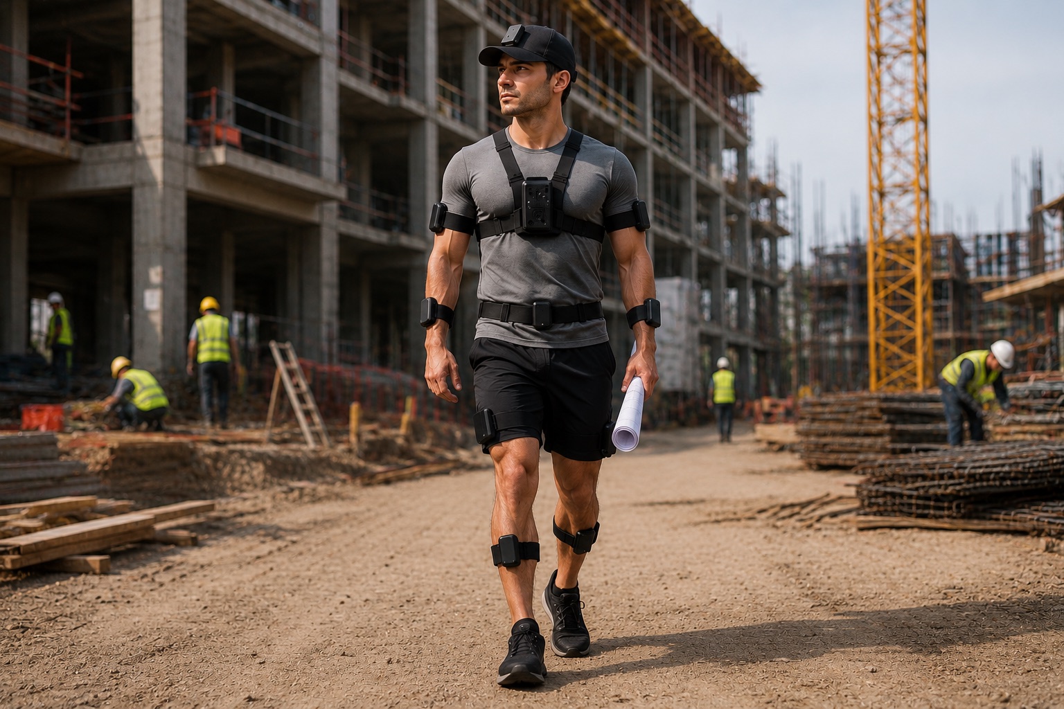 A person wearing the TRACE kit walking through a construction site
