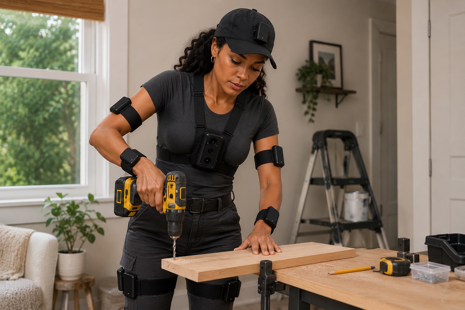 A person wearing the TRACE kit drilling at a home workbench