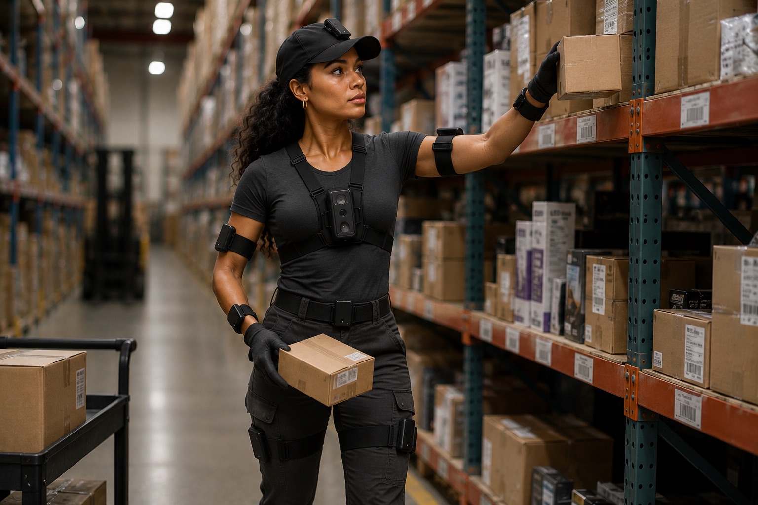A person wearing the TRACE kit reaching for a box on a warehouse shelf